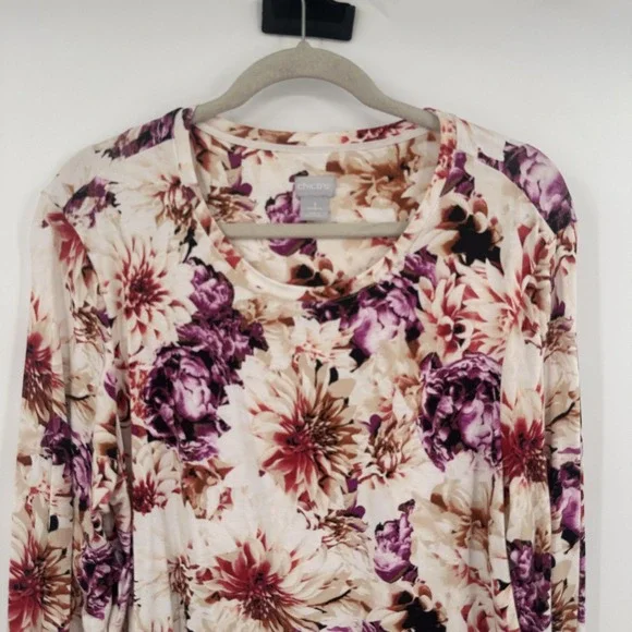 Chicos Shirt Womens XL Floral Long Sleeve Pink Purple Dahlia Print Stretch Top - Picture 2 of 9